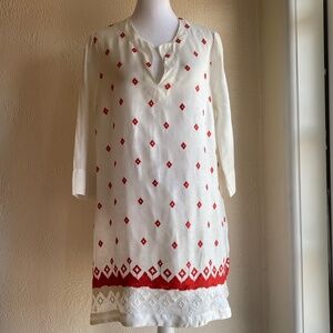 120% Lino shift dress in ivory linen with red and ivory embroidery Size 38 EU